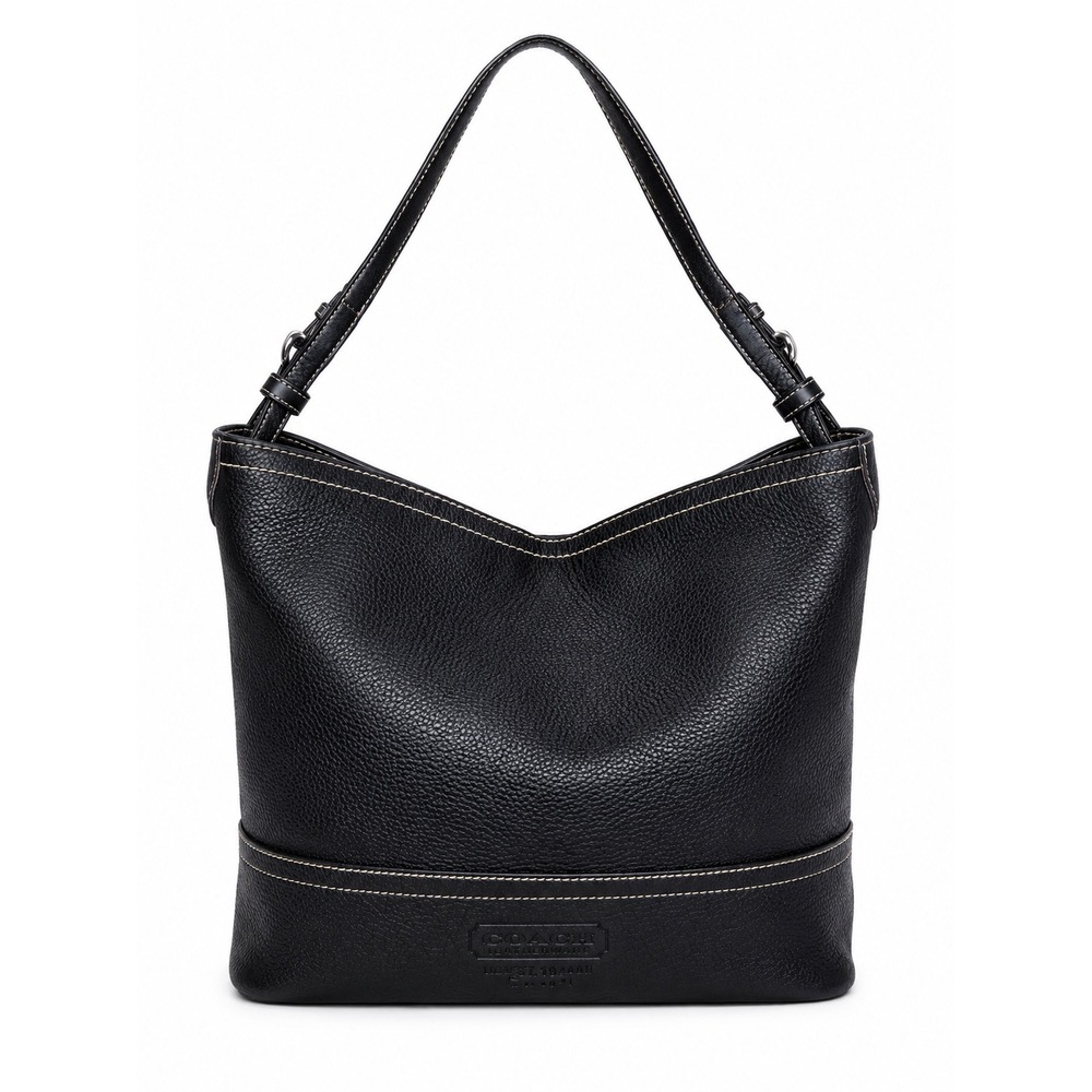 Coach Pebble Leather Hobo Bag Black Shoulder Bag Contrast Stitching Logo